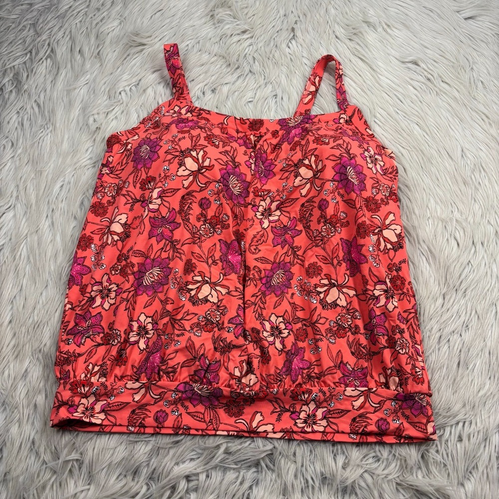 Lands' End Women's14 D Floral Tankini Top Pink Orange Black Beach Resort